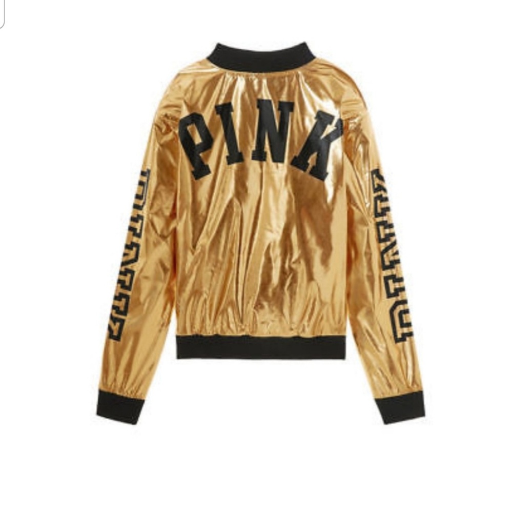 Pink Womens Metallic Bomber Jacket Gold